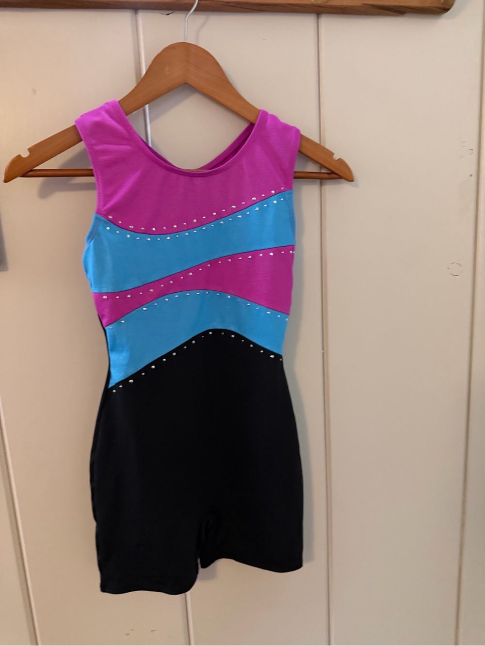 Freestyle by Danskin Girls 10/12 Gymnastics Biketard Leotard PinkBlue Rhinestone